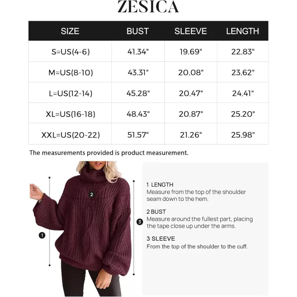 ZESICA Womens 2024 Fall Long Sleeve Turtleneck Chunky Knit Loose Oversized Sweater Pullover Jumper TopsWine