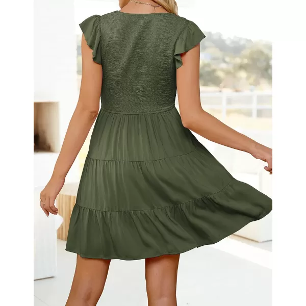 ZESICA Womens 2024 Summer Casual V Neck Flutter Sleeve Bohemian Ruffle Smocked A Line Swing Mini DressArmygreen