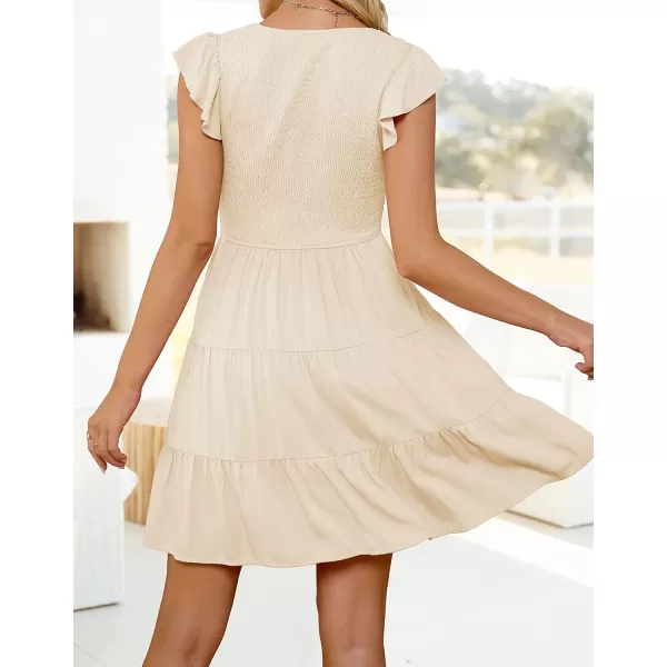 ZESICA Womens 2024 Summer Casual V Neck Flutter Sleeve Bohemian Ruffle Smocked A Line Swing Mini DressBeige