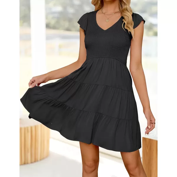 ZESICA Womens 2024 Summer Casual V Neck Flutter Sleeve Bohemian Ruffle Smocked A Line Swing Mini DressBlack