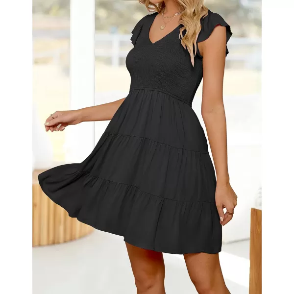 ZESICA Womens 2024 Summer Casual V Neck Flutter Sleeve Bohemian Ruffle Smocked A Line Swing Mini DressBlack