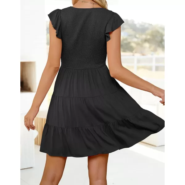 ZESICA Womens 2024 Summer Casual V Neck Flutter Sleeve Bohemian Ruffle Smocked A Line Swing Mini DressBlack