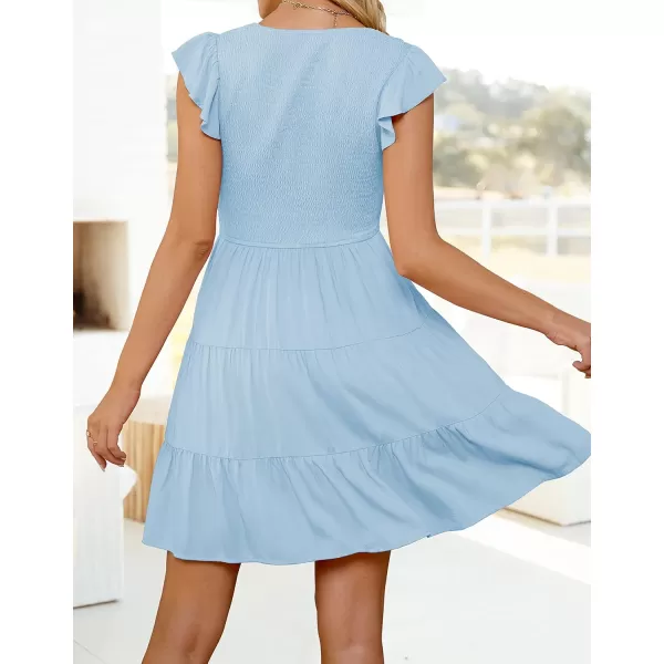 ZESICA Womens 2024 Summer Casual V Neck Flutter Sleeve Bohemian Ruffle Smocked A Line Swing Mini DressBlue