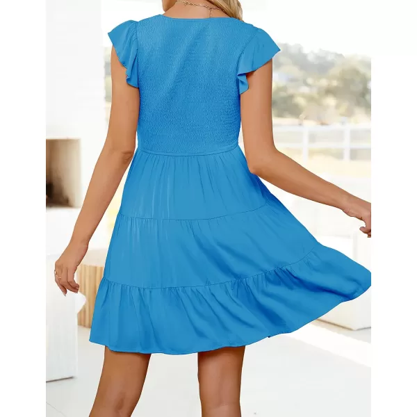 ZESICA Womens 2024 Summer Casual V Neck Flutter Sleeve Bohemian Ruffle Smocked A Line Swing Mini DressCobaltblue