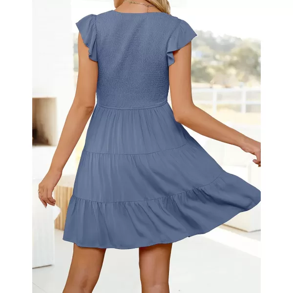 ZESICA Womens 2024 Summer Casual V Neck Flutter Sleeve Bohemian Ruffle Smocked A Line Swing Mini DressDarkblue