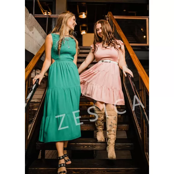 ZESICA Womens 2024 Summer Casual V Neck Flutter Sleeve Bohemian Ruffle Smocked A Line Swing Mini DressDarkpink