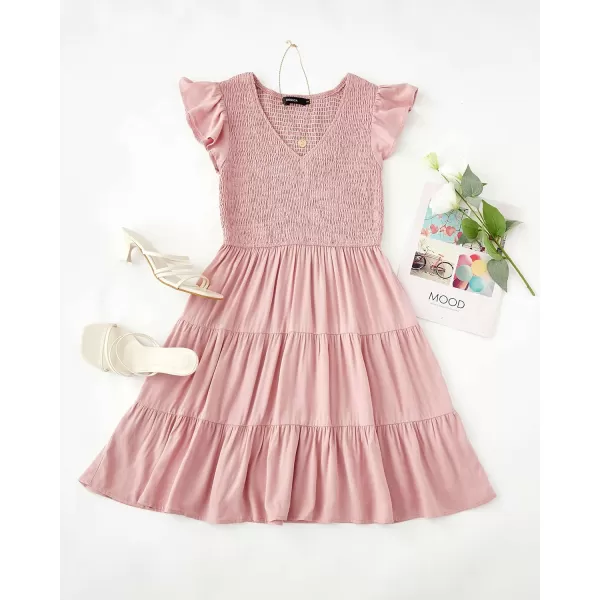 ZESICA Womens 2024 Summer Casual V Neck Flutter Sleeve Bohemian Ruffle Smocked A Line Swing Mini DressDarkpink