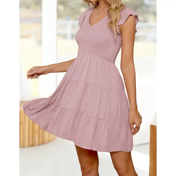ZESICA Womens 2024 Summer Casual V Neck Flutter Sleeve Bohemian Ruffle Smocked A Line Swing Mini DressDarkpink