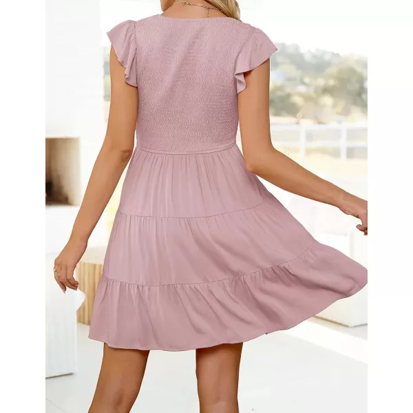 ZESICA Womens 2024 Summer Casual V Neck Flutter Sleeve Bohemian Ruffle Smocked A Line Swing Mini DressDarkpink
