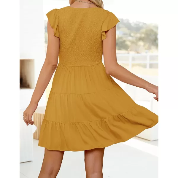 ZESICA Womens 2024 Summer Casual V Neck Flutter Sleeve Bohemian Ruffle Smocked A Line Swing Mini DressGinger