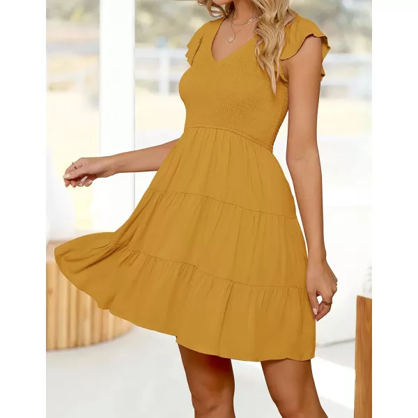 ZESICA Womens 2024 Summer Casual V Neck Flutter Sleeve Bohemian Ruffle Smocked A Line Swing Mini DressGinger