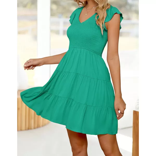 ZESICA Womens 2024 Summer Casual V Neck Flutter Sleeve Bohemian Ruffle Smocked A Line Swing Mini DressGreen