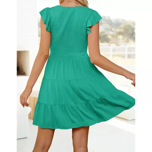 ZESICA Womens 2024 Summer Casual V Neck Flutter Sleeve Bohemian Ruffle Smocked A Line Swing Mini DressGreen