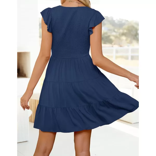 ZESICA Womens 2024 Summer Casual V Neck Flutter Sleeve Bohemian Ruffle Smocked A Line Swing Mini DressNavy
