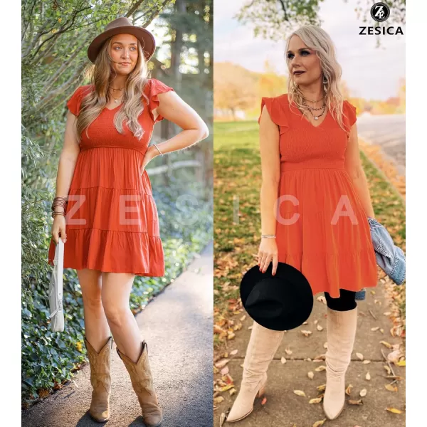 ZESICA Womens 2024 Summer Casual V Neck Flutter Sleeve Bohemian Ruffle Smocked A Line Swing Mini DressOrange