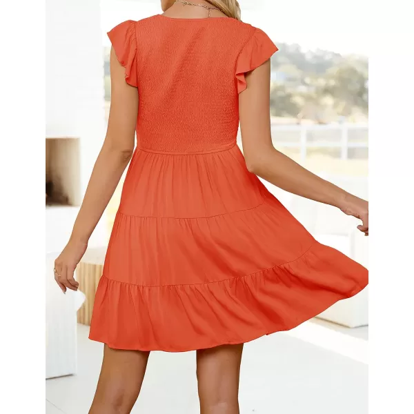 ZESICA Womens 2024 Summer Casual V Neck Flutter Sleeve Bohemian Ruffle Smocked A Line Swing Mini DressOrange