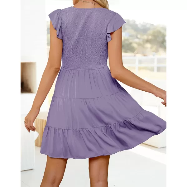 ZESICA Womens 2024 Summer Casual V Neck Flutter Sleeve Bohemian Ruffle Smocked A Line Swing Mini DressPurple