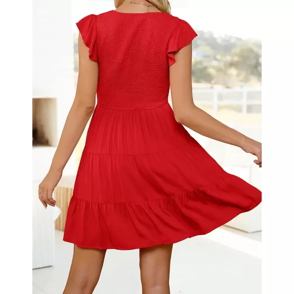 ZESICA Womens 2024 Summer Casual V Neck Flutter Sleeve Bohemian Ruffle Smocked A Line Swing Mini DressRed