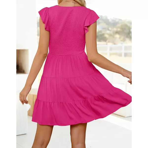 ZESICA Womens 2024 Summer Casual V Neck Flutter Sleeve Bohemian Ruffle Smocked A Line Swing Mini DressRose