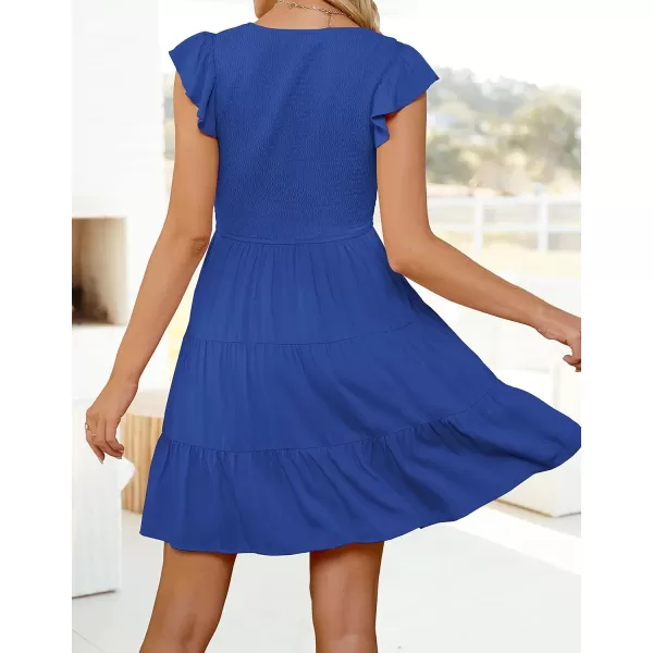 ZESICA Womens 2024 Summer Casual V Neck Flutter Sleeve Bohemian Ruffle Smocked A Line Swing Mini DressRoyalblue