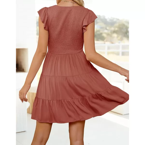 ZESICA Womens 2024 Summer Casual V Neck Flutter Sleeve Bohemian Ruffle Smocked A Line Swing Mini DressRust