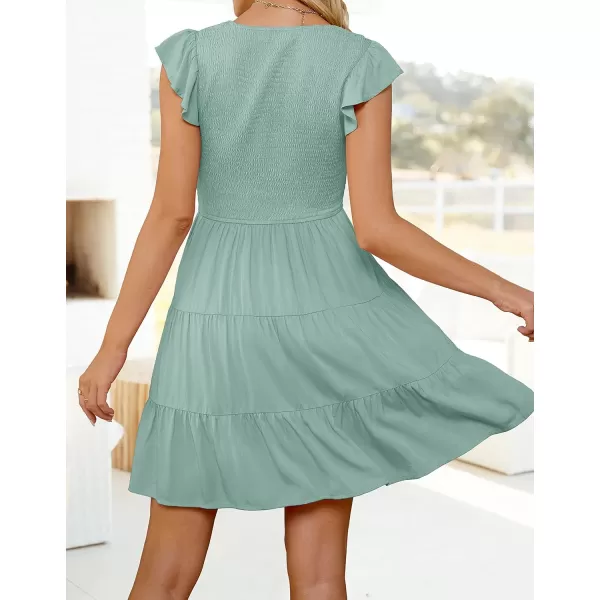 ZESICA Womens 2024 Summer Casual V Neck Flutter Sleeve Bohemian Ruffle Smocked A Line Swing Mini DressSage