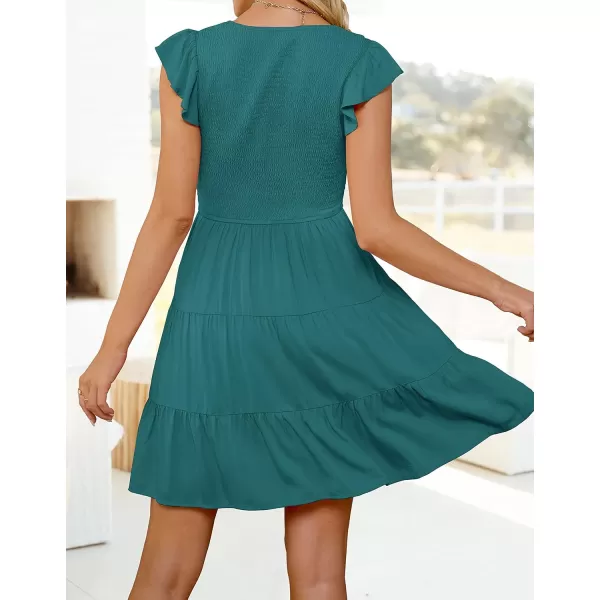 ZESICA Womens 2024 Summer Casual V Neck Flutter Sleeve Bohemian Ruffle Smocked A Line Swing Mini DressTealgreen