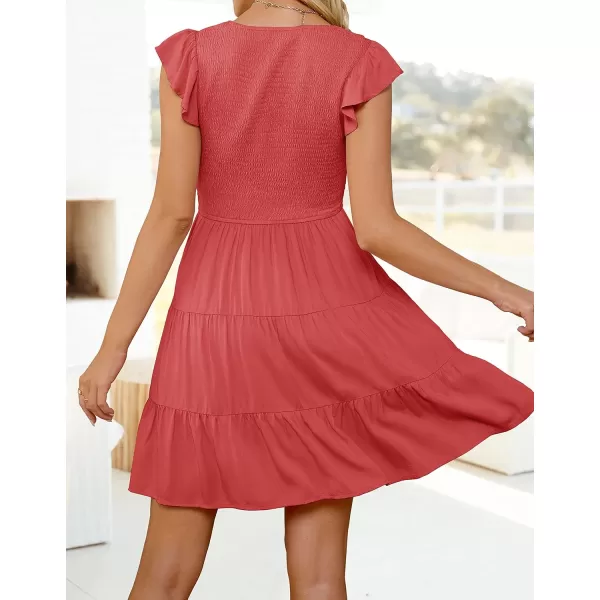 ZESICA Womens 2024 Summer Casual V Neck Flutter Sleeve Bohemian Ruffle Smocked A Line Swing Mini DressWatermelon