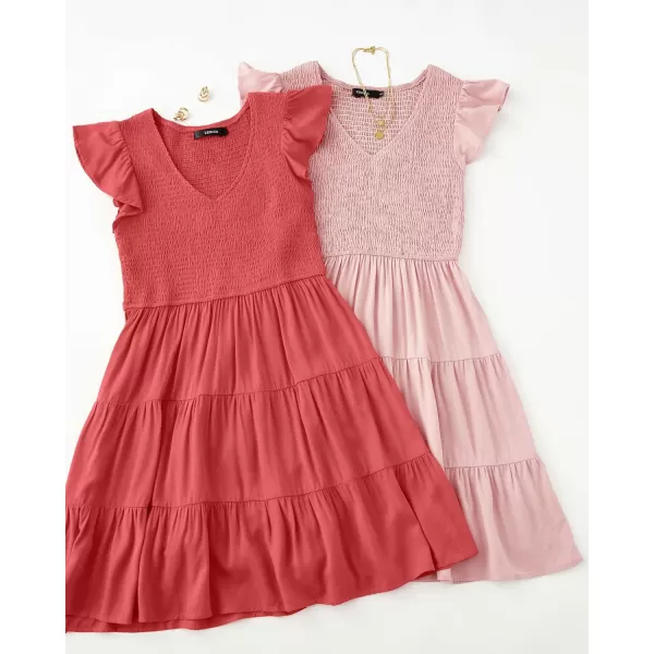 ZESICA Womens 2024 Summer Casual V Neck Flutter Sleeve Bohemian Ruffle Smocked A Line Swing Mini DressWatermelon