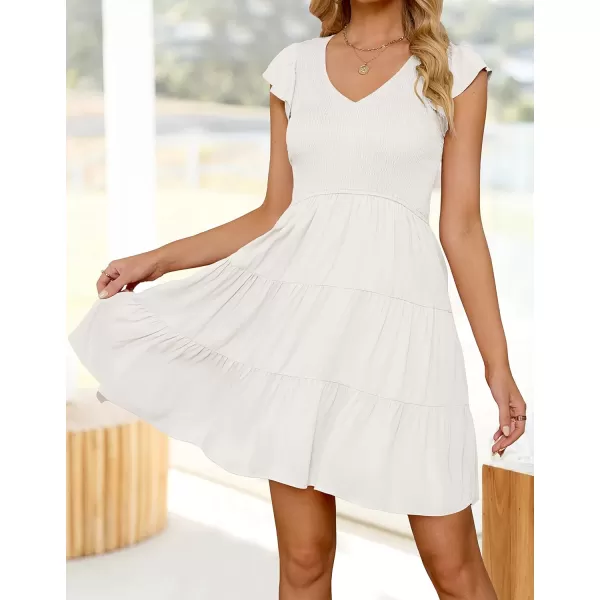 ZESICA Womens 2024 Summer Casual V Neck Flutter Sleeve Bohemian Ruffle Smocked A Line Swing Mini DressWhite