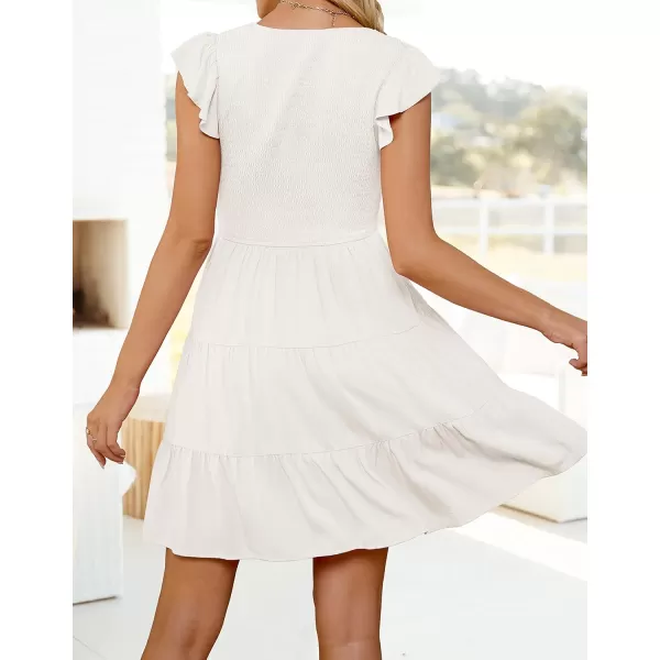 ZESICA Womens 2024 Summer Casual V Neck Flutter Sleeve Bohemian Ruffle Smocked A Line Swing Mini DressWhite