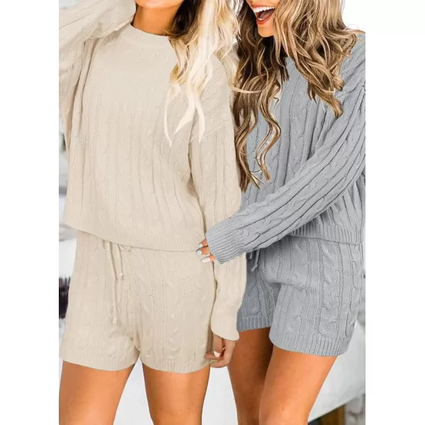 ZESICA Womens Casual 2 Piece Sweater Sets Long Sleeve Cable Knit Pullover Tops and Drawstring Shorts Sweatsuit OutfitsApricot