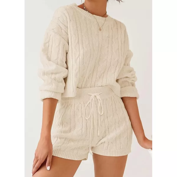 ZESICA Womens Casual 2 Piece Sweater Sets Long Sleeve Cable Knit Pullover Tops and Drawstring Shorts Sweatsuit OutfitsApricot