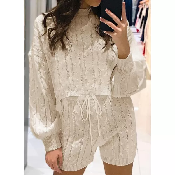 ZESICA Womens Casual 2 Piece Sweater Sets Long Sleeve Cable Knit Pullover Tops and Drawstring Shorts Sweatsuit OutfitsApricot