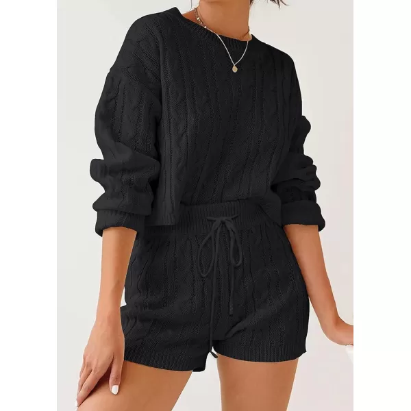 ZESICA Womens Casual 2 Piece Sweater Sets Long Sleeve Cable Knit Pullover Tops and Drawstring Shorts Sweatsuit OutfitsBlack