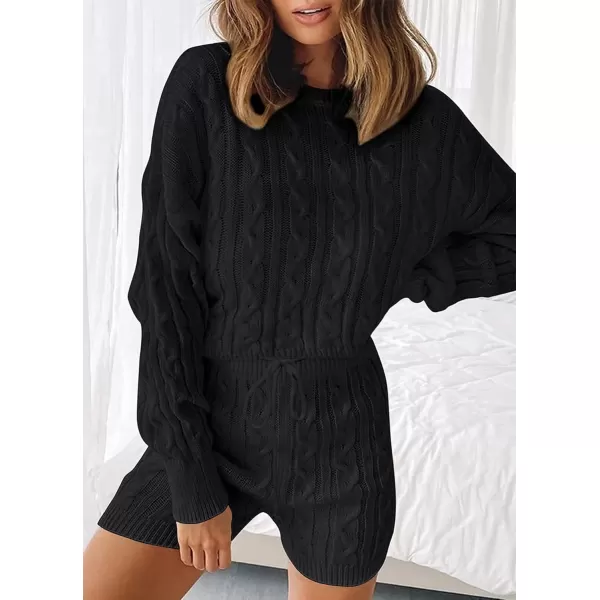 ZESICA Womens Casual 2 Piece Sweater Sets Long Sleeve Cable Knit Pullover Tops and Drawstring Shorts Sweatsuit OutfitsBlack