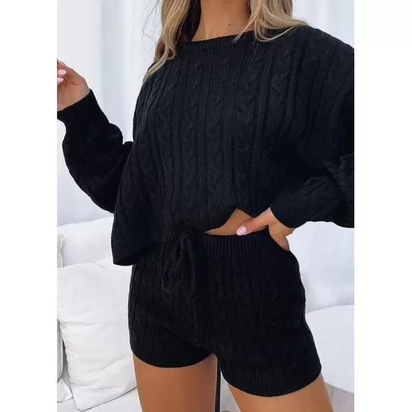 ZESICA Womens Casual 2 Piece Sweater Sets Long Sleeve Cable Knit Pullover Tops and Drawstring Shorts Sweatsuit OutfitsBlack