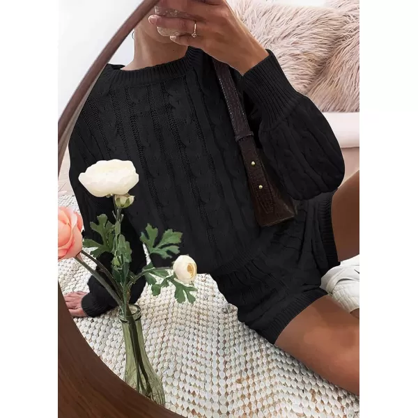 ZESICA Womens Casual 2 Piece Sweater Sets Long Sleeve Cable Knit Pullover Tops and Drawstring Shorts Sweatsuit OutfitsBlack