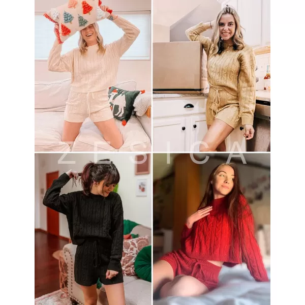 ZESICA Womens Casual 2 Piece Sweater Sets Long Sleeve Cable Knit Pullover Tops and Drawstring Shorts Sweatsuit OutfitsBlack