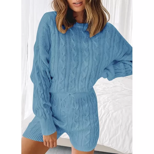 ZESICA Womens Casual 2 Piece Sweater Sets Long Sleeve Cable Knit Pullover Tops and Drawstring Shorts Sweatsuit OutfitsBlue