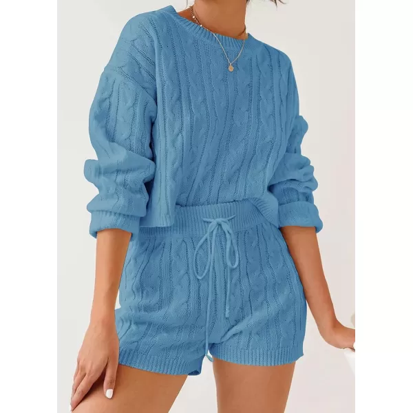 ZESICA Womens Casual 2 Piece Sweater Sets Long Sleeve Cable Knit Pullover Tops and Drawstring Shorts Sweatsuit OutfitsBlue