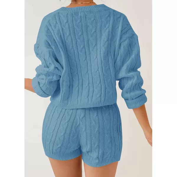 ZESICA Womens Casual 2 Piece Sweater Sets Long Sleeve Cable Knit Pullover Tops and Drawstring Shorts Sweatsuit OutfitsBlue