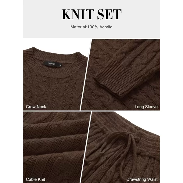 ZESICA Womens Casual 2 Piece Sweater Sets Long Sleeve Cable Knit Pullover Tops and Drawstring Shorts Sweatsuit OutfitsBrown