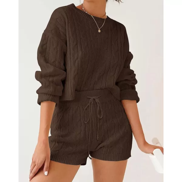 ZESICA Womens Casual 2 Piece Sweater Sets Long Sleeve Cable Knit Pullover Tops and Drawstring Shorts Sweatsuit OutfitsBrown