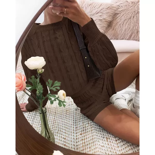 ZESICA Womens Casual 2 Piece Sweater Sets Long Sleeve Cable Knit Pullover Tops and Drawstring Shorts Sweatsuit OutfitsBrown