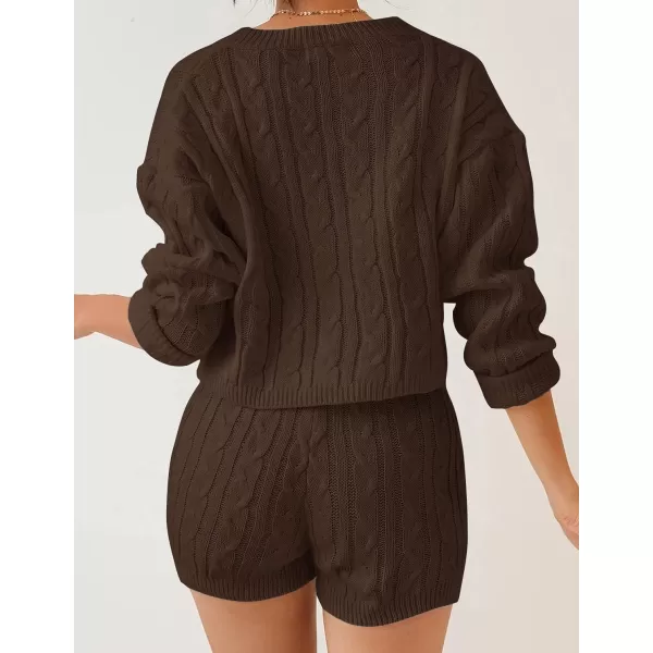 ZESICA Womens Casual 2 Piece Sweater Sets Long Sleeve Cable Knit Pullover Tops and Drawstring Shorts Sweatsuit OutfitsBrown