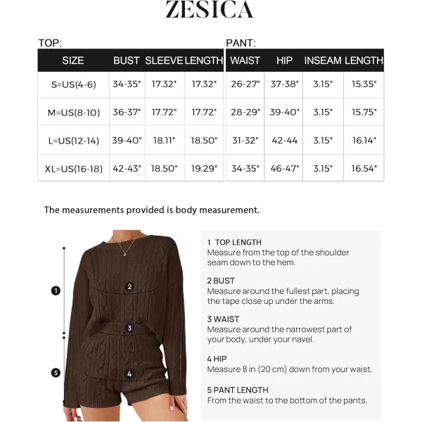 ZESICA Womens Casual 2 Piece Sweater Sets Long Sleeve Cable Knit Pullover Tops and Drawstring Shorts Sweatsuit OutfitsBrown