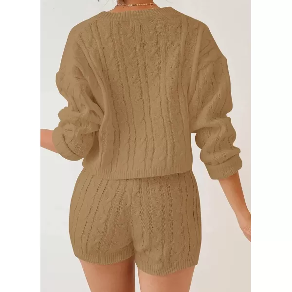 ZESICA Womens Casual 2 Piece Sweater Sets Long Sleeve Cable Knit Pullover Tops and Drawstring Shorts Sweatsuit OutfitsCamel