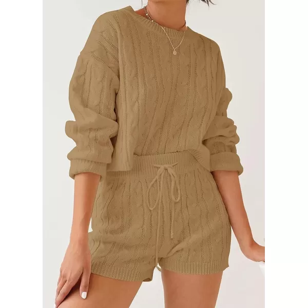 ZESICA Womens Casual 2 Piece Sweater Sets Long Sleeve Cable Knit Pullover Tops and Drawstring Shorts Sweatsuit OutfitsCamel