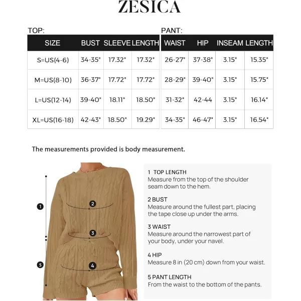 ZESICA Womens Casual 2 Piece Sweater Sets Long Sleeve Cable Knit Pullover Tops and Drawstring Shorts Sweatsuit OutfitsCamel